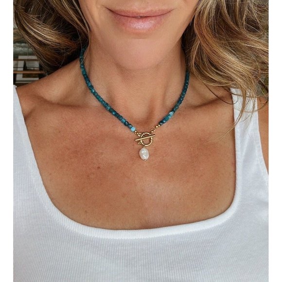 Blue Apatite Gemstone Necklace Gold Toggle Clasp Removable Baroque Pearl Genuine - Picture 9 of 14